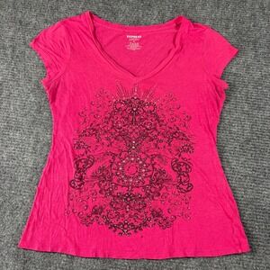 Express Womens Pink V-Neck Graphic Tee Rhinestone Embellished Y2K Size M
